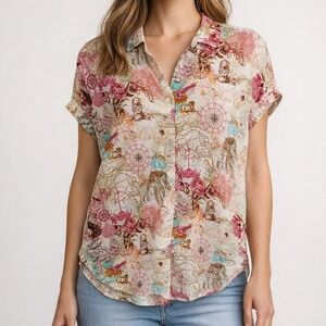 Jane + Delancey Map Print‎ Button Up Shirt Size Large Cream Pink Boho Whimsical